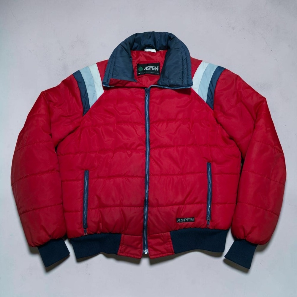 Vintage 1980s Red Aspen Alps Coat Mens Large Striped Puffer Ski Jacket Retro